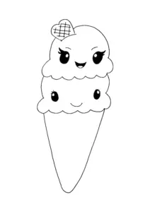 Ausmalbild Kawaii Eis in einer Waffel